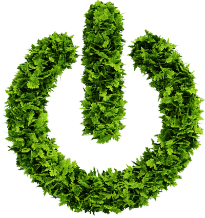 Green power button made of leaves